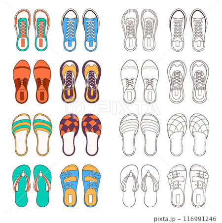 Big Male shoes collection in line art style. Sneakers design for coloring book. Vector illustration isolated on a white background. 116991246