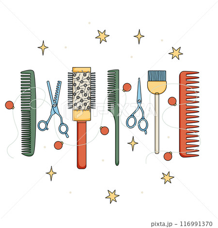 Hairdressing tools combs scissors in bright color with black outline isolated on white. Template for Christmas card or hair salon background. Hairdressing tools combs scissors in bright color with black outline isolated on white. Template for Christmas card or hair salon background. 116991370