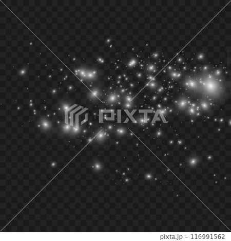 White sparkles and star clusters on a dark, transparent background. Vector 116991562