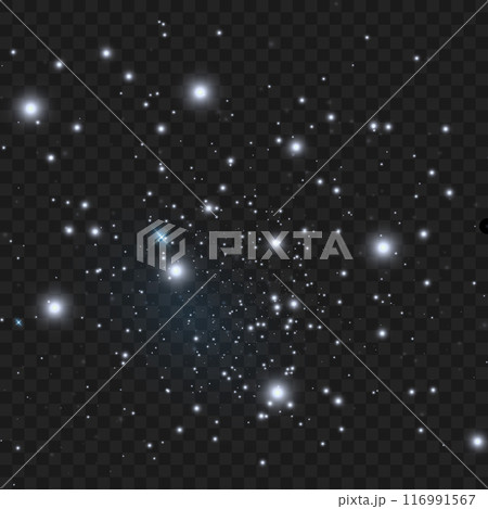 White sparkles and star clusters on a dark, transparent background. Vector 116991567