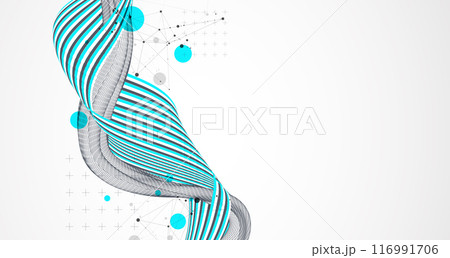 Abstract wavy background with colorful lines and wireframe wave. Hand drawn vector. 116991706