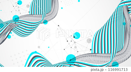 Abstract wavy background with colorful lines and wireframe wave. Hand drawn vector. 116991713