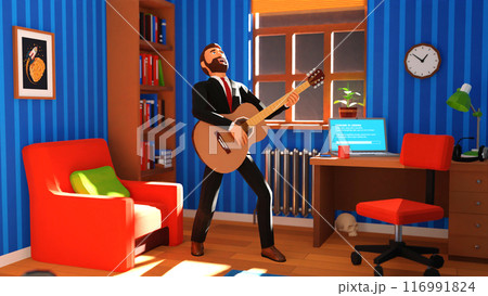 Man Playing Guitar Joyfully in Cozy Home Office Setting Man Playing Guitar Joyfully in Cozy Home Office Setting 116991824
