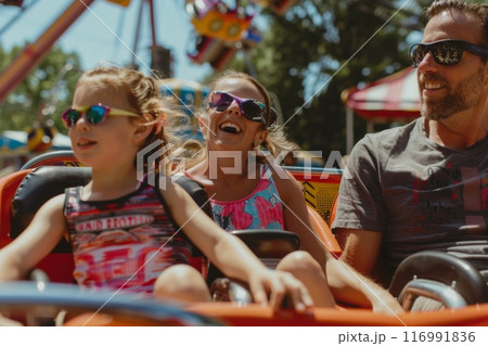 Mom, dad, and kids enjoy rides together,...のイラスト素材 [116991836] - PIXTA