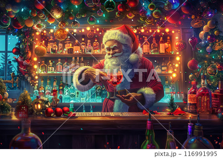 A jolly bartender in a Santa Claus costume expertly mixes a festive cocktail behind a beautifully decorated bar, creating a lively and merry atmosphere perfect for joyful holiday celebrations 116991995