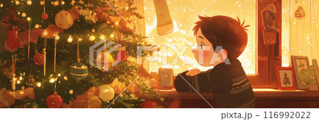 In a warm and inviting room, the boy's eyes are captivated by the Christmas tree, the festive atmosphere enhanced by the glowing fireplace, garlands, and the magic of the holiday season, banner In a warm and inviting room, the boy's eyes are captivated by the Christmas tree, the festive atmosphere enhanced by the glowing fireplace, garlands, and the magic of the holiday season, banner 116992022