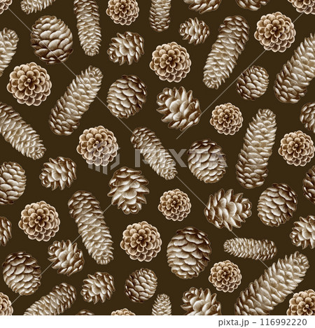 Seamless background fir cones. Watercolor nature pattern. Pinecones Christmas wrapping. Forest plant elements on dark background. Botanical ornament for fabric design. Seamless background fir cones. Watercolor nature pattern. Pinecones Christmas wrapping. Forest plant elements on dark background. Botanical ornament for fabric design. 116992220