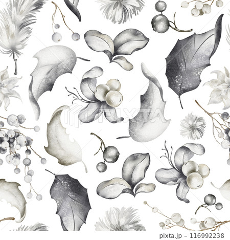 Christmas watercolor seamless pattern. Botanical winter drawing of berries, leaves, snowy plants on white background. Festive New Year design for packaging and textile. 116992238