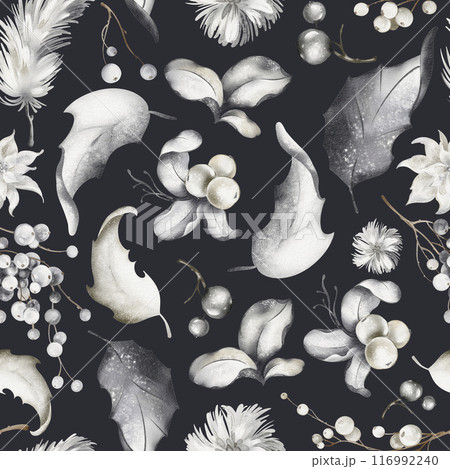 Christmas watercolor seamless pattern. Botanical winter drawing of berries, leaves, snowy plants on dark background. Festive New Year design for packaging and textile. 116992240