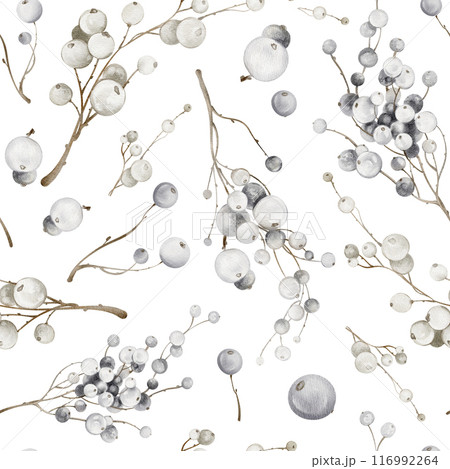 Watercolor seamless pattern mistletoe branches. Christmas background plants. Winter snow berries of blueberries, huckleberries on white backdrop. Vintage botanical holiday design New Year wrapping. Watercolor seamless pattern mistletoe branches. Christmas background plants. Winter snow berries of blueberries, huckleberries on white backdrop. Vintage botanical holiday design New Year wrapping. 116992264