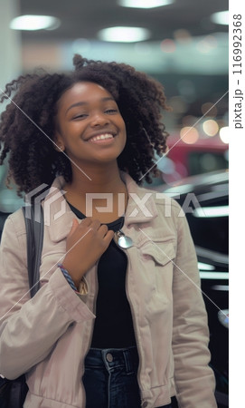 With a wide smile, a happy woman poses next to her freshly purchased vehicle in the showroom, basking in the thrill of ownership and the promise of countless adventures 116992368