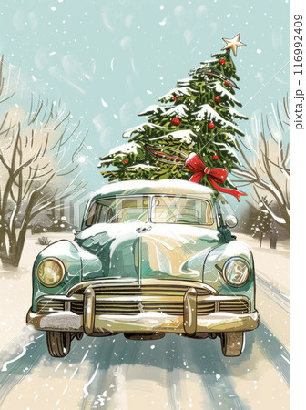 This holiday greeting card showcases a timeless scene of a classic vehicle carrying a Christmas tree, evoking a sense of nostalgia and seasonal cheer in its artistic design and vintage appeal 116992409