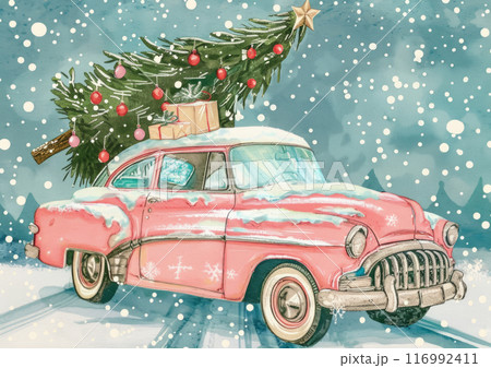The vintage-inspired Christmas card features a classic car with a holiday tree on its roof, blending traditional artwork and festive imagery to create a warm and inviting seasonal greeting 116992411