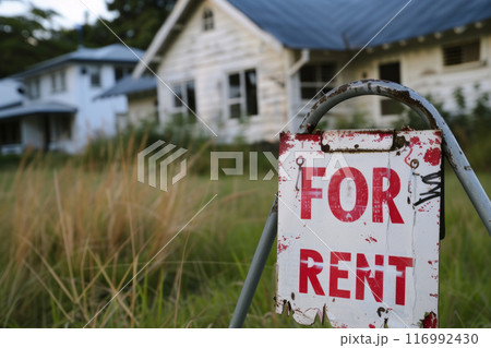 Sign FOR RENT on a green clearing against the background of a house for rent 116992430