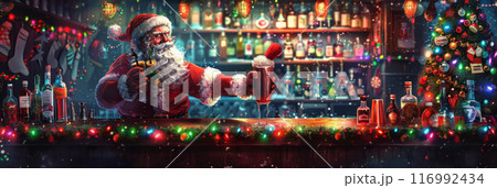Behind a festively adorned bar, a bartender in a Santa suit mixes cocktails with a happy demeanor, spreading holiday cheer and making the Christmas celebration unforgettable for all partygoers, banner 116992434