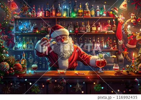 A jolly bartender in a Santa Claus costume expertly mixes a festive cocktail behind a beautifully decorated bar, creating a lively and merry atmosphere perfect for joyful holiday celebrations 116992435