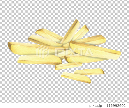 White potato slices, peeled, long french fry sticks, a bunch. Watercolor hand drawn illustration on the theme of harvesting, cooking, food, vegetable shop design. Composition isolated from background 116992602