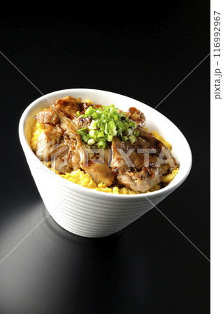 きじ焼き丼、焼き鳥丼、親子丼を黒背景で撮影 116992967