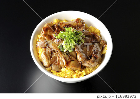 きじ焼き丼、焼き鳥丼、親子丼を黒背景で撮影 116992972