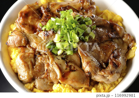 きじ焼き丼、焼き鳥丼、親子丼を黒背景で撮影 116992981