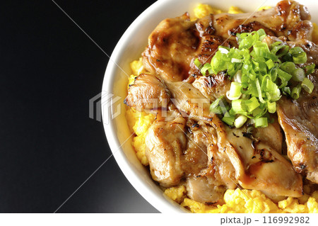 きじ焼き丼、焼き鳥丼、親子丼を黒背景で撮影 116992982