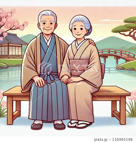 日本庭園で微笑む老夫婦の静かな一日 116993198