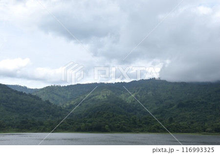 landscape of mountain with rain cloud and mist at Sai Thong water reservoir lake in Thailand 116993325