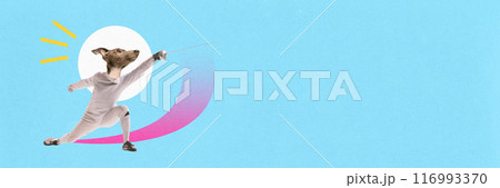 Banner. Contemporary art collage. Fencer with head of dog in white uniform training attacking technique against blue backdrop. Banner. Contemporary art collage. Fencer with head of dog in white uniform training attacking technique against blue backdrop. 116993370