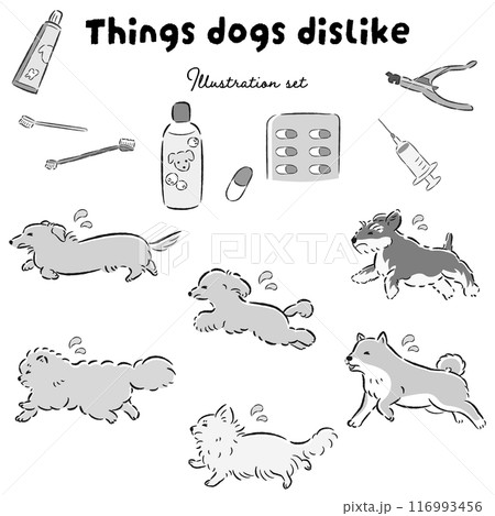 困った表情の犬と苦手な物のイラストセット 116993456