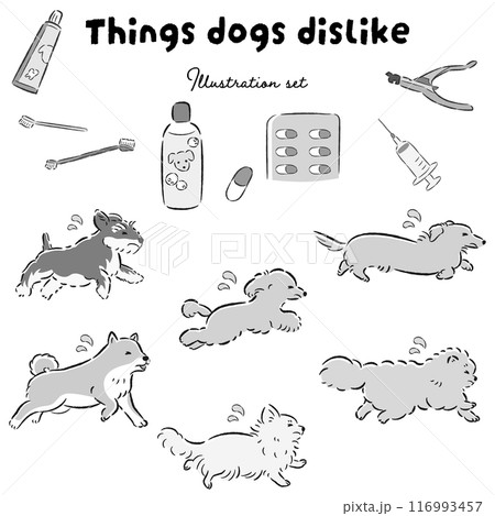 困った表情の犬と苦手な物のイラストセット 116993457