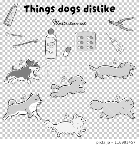 困った表情の犬と苦手な物のイラストセット 116993457