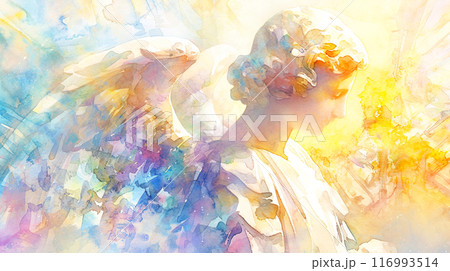 カラフルで温かみのある天使像の水彩イラストのイラスト素材