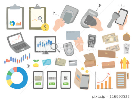 お金や支払い、投資などにまつわる手描きイラストセット お金や支払い、投資などにまつわる手描きイラストセット 116993525