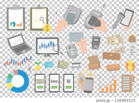 お金や支払い、投資などにまつわる手描きイラストセット お金や支払い、投資などにまつわる手描きイラストセット 116993525
