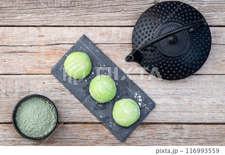 Traditional japanese desert mochi with matcha latte tea Traditional japanese desert mochi with matcha latte tea 116993559