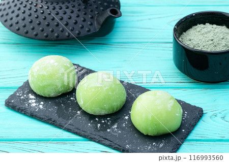 Traditional japanese desert mochi with matcha latte tea Traditional japanese desert mochi with matcha latte tea 116993560