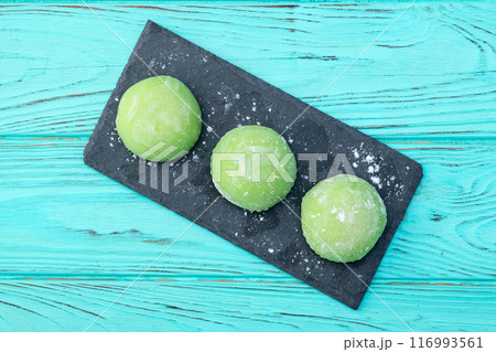 Traditional japanese desert mochi with matcha latte tea 116993561