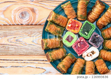 Turkish delight candy with arabic baklava . Rahat lokum photography 116993636