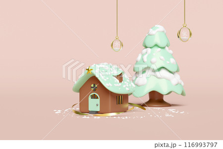 3d house with snow globe, green christmas tree, snowflake isolated on pink background. merry christmas and festive New Year concept, 3d illustration render 3d house with snow globe, green christmas tree, snowflake isolated on pink background. merry christmas and festive New Year concept, 3d illustration render 116993797