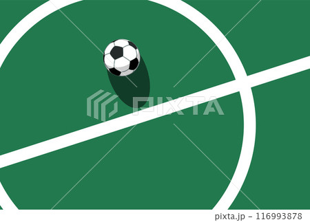 Ball on soccer field top view, football pitch view from above, poster with space for text, vector 116993878