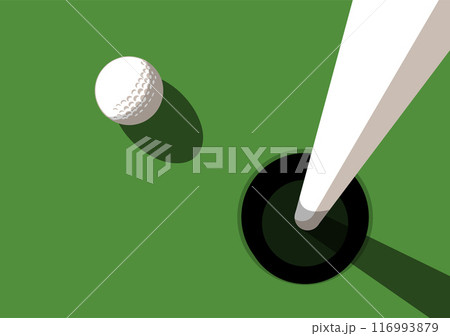 Golf ball on golf course near hole with flagstick, view from above, close up, vector 116993879