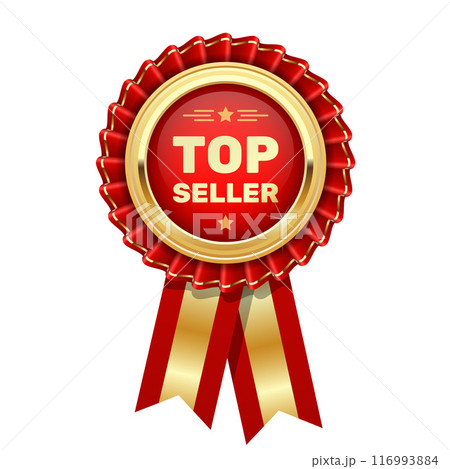 Red rosette Top seller, gold badge or medal with word topseller, popular product pin, vector Red rosette Top seller, gold badge or medal with word topseller, popular product pin, vector 116993884
