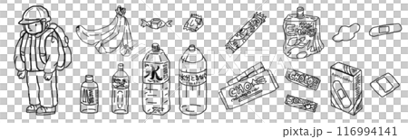 Illustration of a person carrying a disaster prevention backpack and food in pencil style Illustration of a person carrying a disaster prevention backpack and food in pencil style 116994141