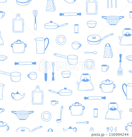 Seamless pattern of Kitchen tools and tableware doodle icon. Vector illustration set of elements cook. Background wallpaper. Seamless pattern of Kitchen tools and tableware doodle icon. Vector illustration set of elements cook. Background wallpaper. 116994244