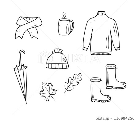 Autumn clothing icon doodle style. Vector illustration of autumn concept elements, sweater scarf coffee cup leaves 116994256