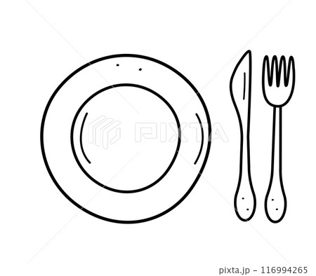 Plate and cutlery doodle icon. Vector illustration Table set fork knife. Plate and cutlery doodle icon. Vector illustration Table set fork knife. 116994265