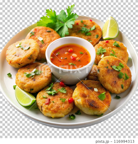 fish and potatoes on a plate 116994313