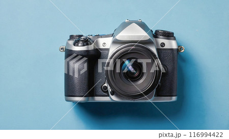 Mockup banner for Photographer day. Camera show case with Blue background. 116994422