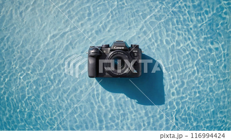 Mockup banner for Photographer day. Camera show case with Blue background. 116994424
