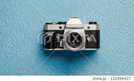 Mockup banner for Photographer day. Camera show case with Blue background. 116994427